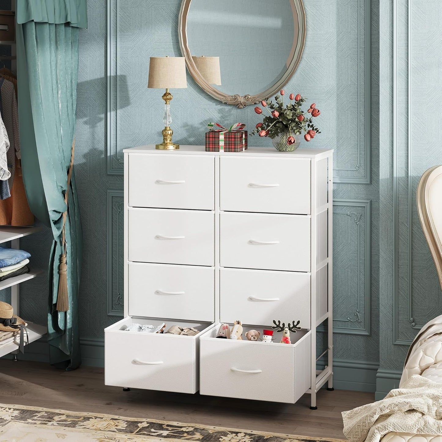Fabric Dresser for Bedroom, Tall Dresser with 8 Drawers, Storage Tower with Fabric Bins, Double Dresser, Chest of Drawers for Closet, Playroom, Dormitory, White