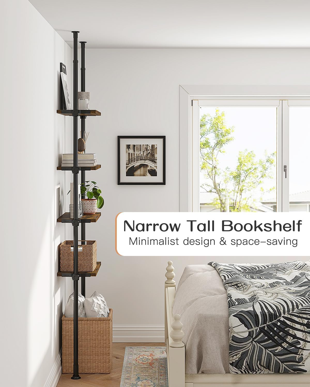 Adjustable Tall Narrow Bookshelf for Bedroom, 4-Tier Ladder Bookcase for Small Spaces, Tension Mount Tall Skinny Book Shelf with Open Storage, 64 to 113Inch Height