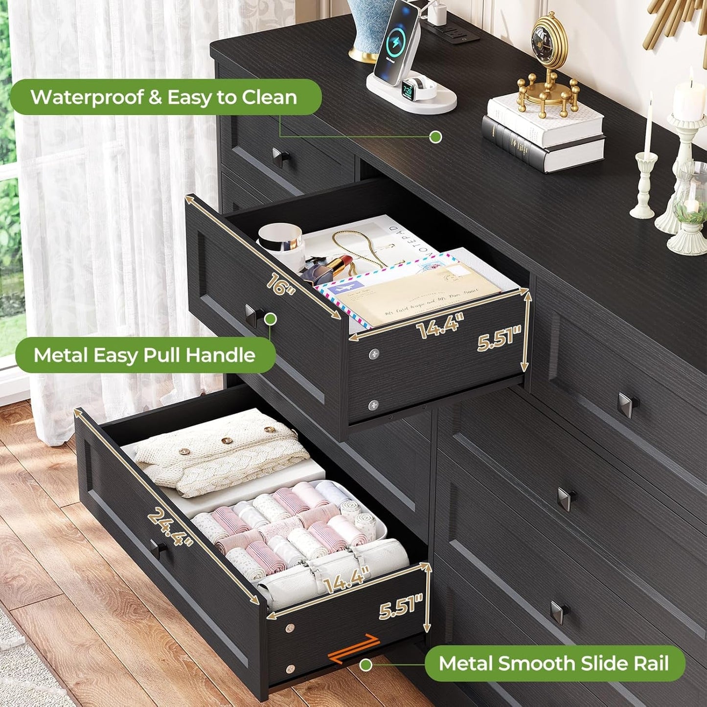Black Dresser for Bedroom with 9 Drawers, 51.2" Large Drawer Dresser with Charging Station, Wide Farmhouse Dresser Chest of Drawers, Wooden Storage Tower Organizer, Dresser for Bedroom Closet