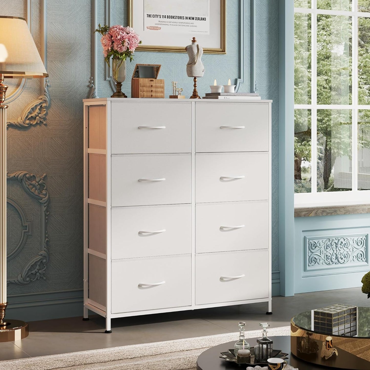 Fabric Dresser for Bedroom, Tall Dresser with 8 Drawers, Storage Tower with Fabric Bins, Double Dresser, Chest of Drawers for Closet, Playroom, Dormitory, White