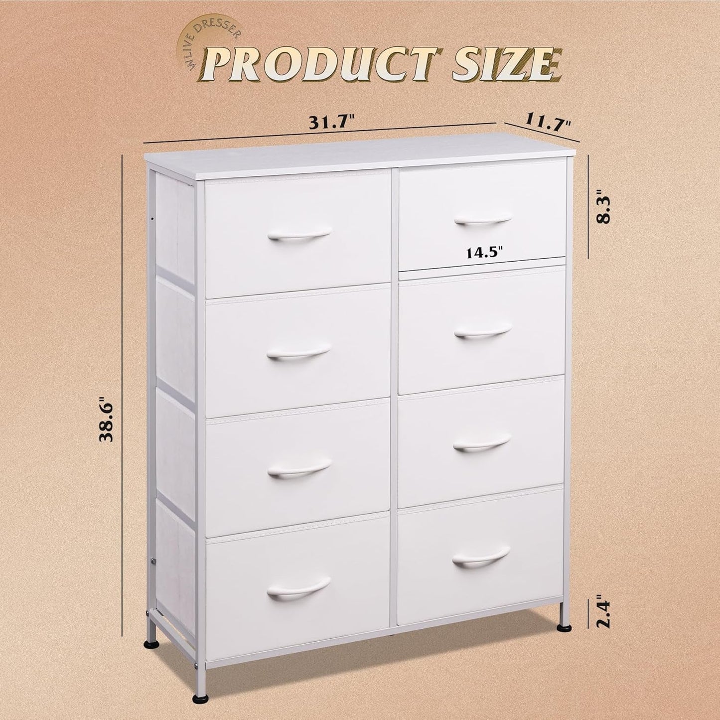 Fabric Dresser for Bedroom, Tall Dresser with 8 Drawers, Storage Tower with Fabric Bins, Double Dresser, Chest of Drawers for Closet, Playroom, Dormitory, White