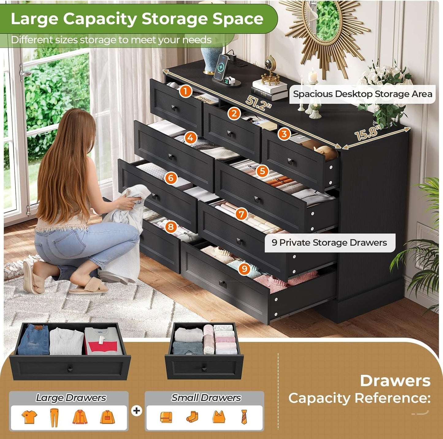 Black Dresser for Bedroom with 9 Drawers, 51.2" Large Drawer Dresser with Charging Station, Wide Farmhouse Dresser Chest of Drawers, Wooden Storage Tower Organizer, Dresser for Bedroom Closet