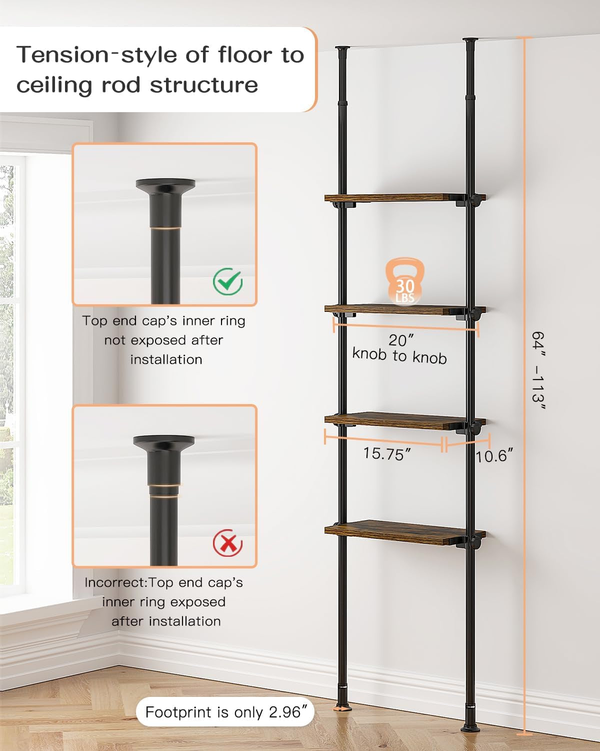 Adjustable Tall Narrow Bookshelf for Bedroom, 4-Tier Ladder Bookcase for Small Spaces, Tension Mount Tall Skinny Book Shelf with Open Storage, 64 to 113Inch Height