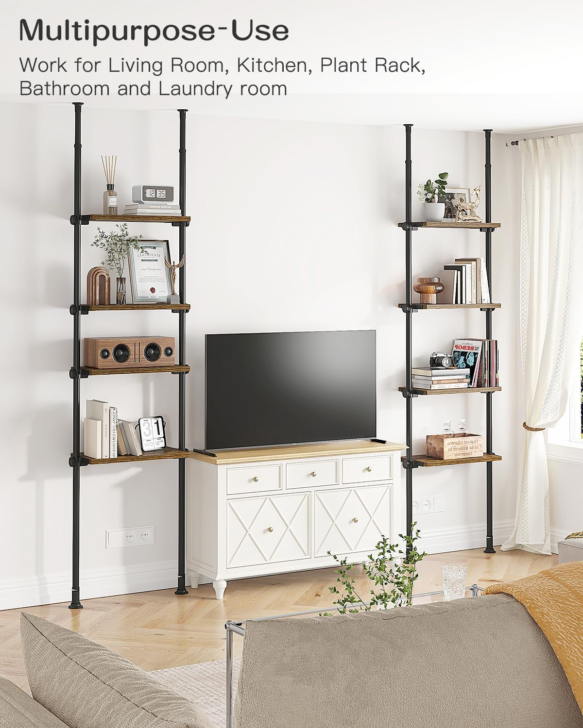 Adjustable Tall Narrow Bookshelf for Bedroom, 4-Tier Ladder Bookcase for Small Spaces, Tension Mount Tall Skinny Book Shelf with Open Storage, 64 to 113Inch Height
