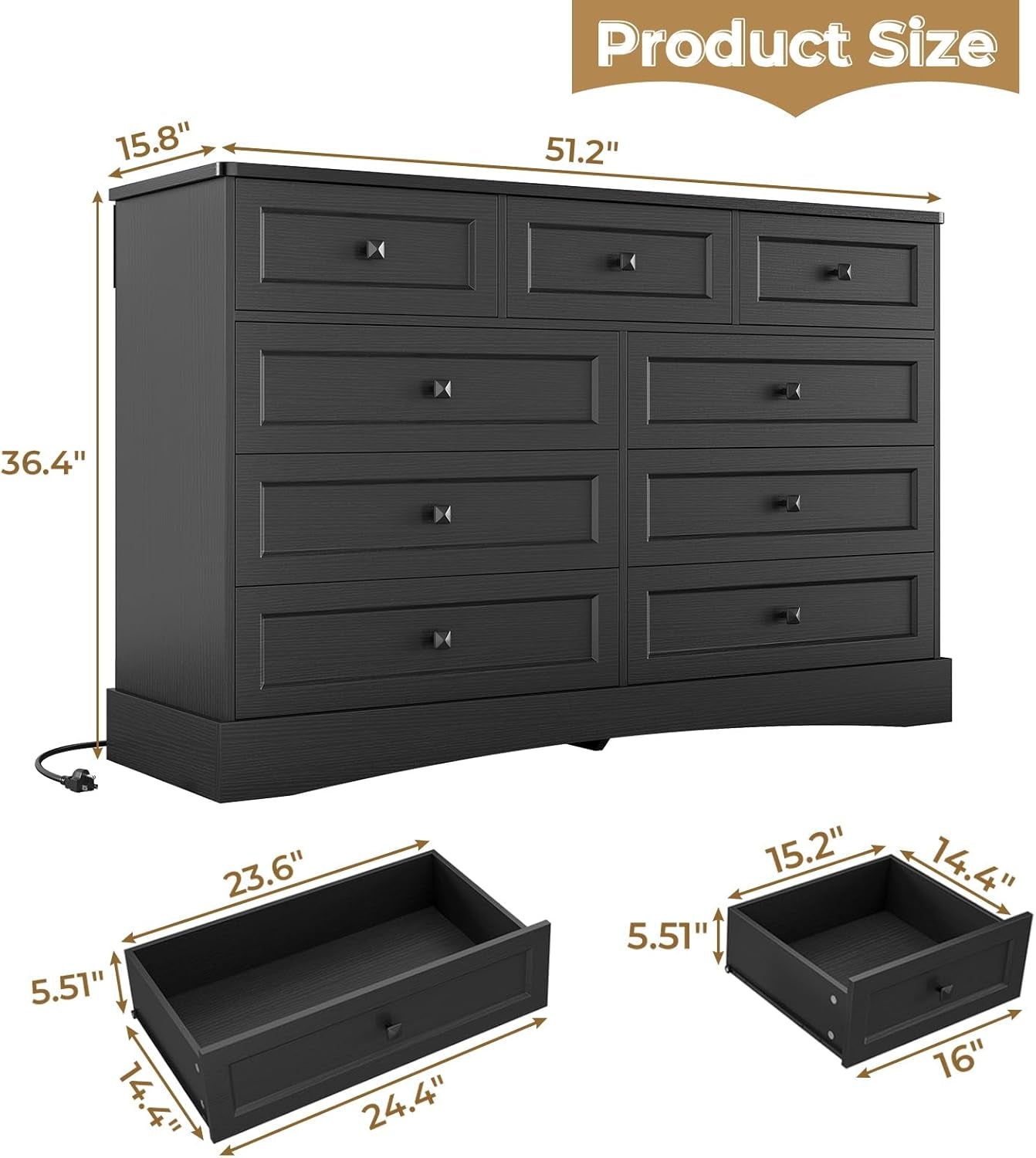 Black Dresser for Bedroom with 9 Drawers, 51.2" Large Drawer Dresser with Charging Station, Wide Farmhouse Dresser Chest of Drawers, Wooden Storage Tower Organizer, Dresser for Bedroom Closet