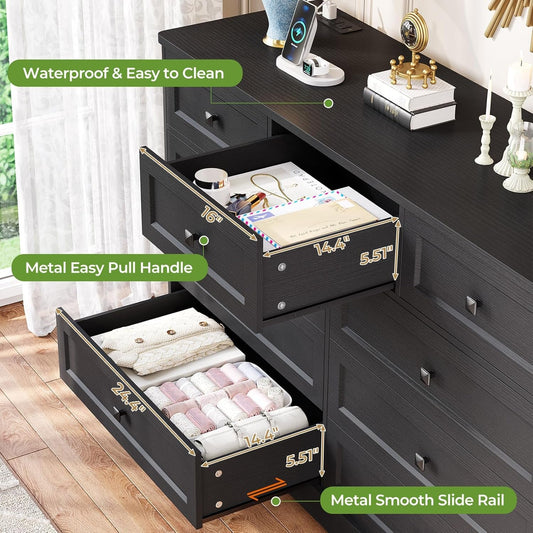 Black Dresser for Bedroom with 9 Drawers, 51.2" Large Drawer Dresser with Charging Station, Wide Farmhouse Dresser Chest of Drawers, Wooden Storage Tower Organizer, Dresser for Bedroom Closet