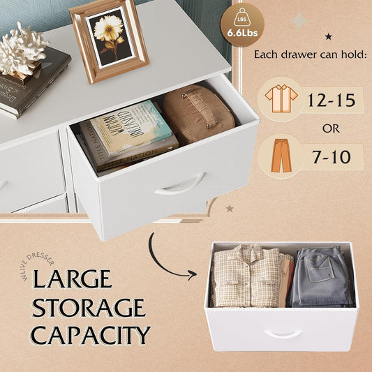 Fabric Dresser for Bedroom, Tall Dresser with 8 Drawers, Storage Tower with Fabric Bins, Double Dresser, Chest of Drawers for Closet, Playroom, Dormitory, White