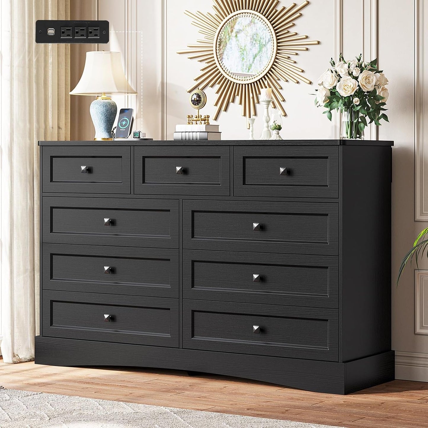 Black Dresser for Bedroom with 9 Drawers, 51.2" Large Drawer Dresser with Charging Station, Wide Farmhouse Dresser Chest of Drawers, Wooden Storage Tower Organizer, Dresser for Bedroom Closet