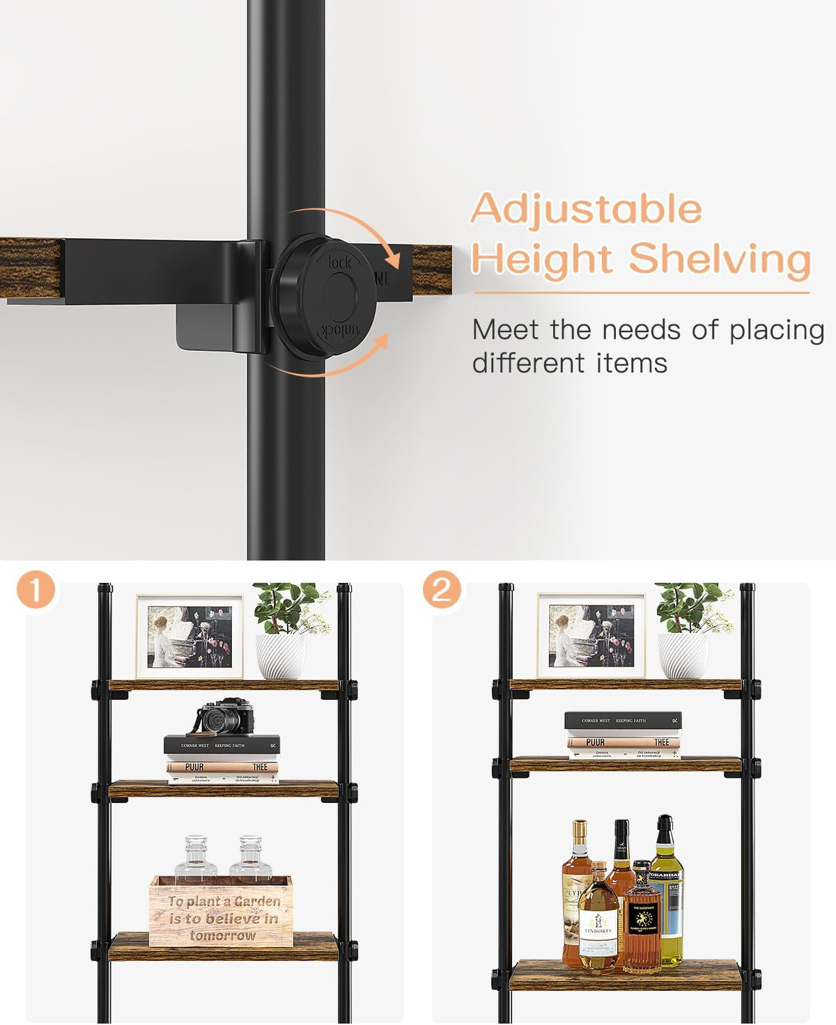 Adjustable Tall Narrow Bookshelf for Bedroom, 4-Tier Ladder Bookcase for Small Spaces, Tension Mount Tall Skinny Book Shelf with Open Storage, 64 to 113Inch Height