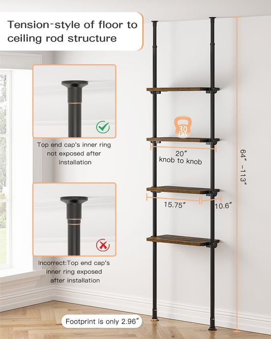 Adjustable Tall Narrow Bookshelf for Bedroom, 4-Tier Ladder Bookcase for Small Spaces, Tension Mount Tall Skinny Book Shelf with Open Storage, 64 to 113Inch Height